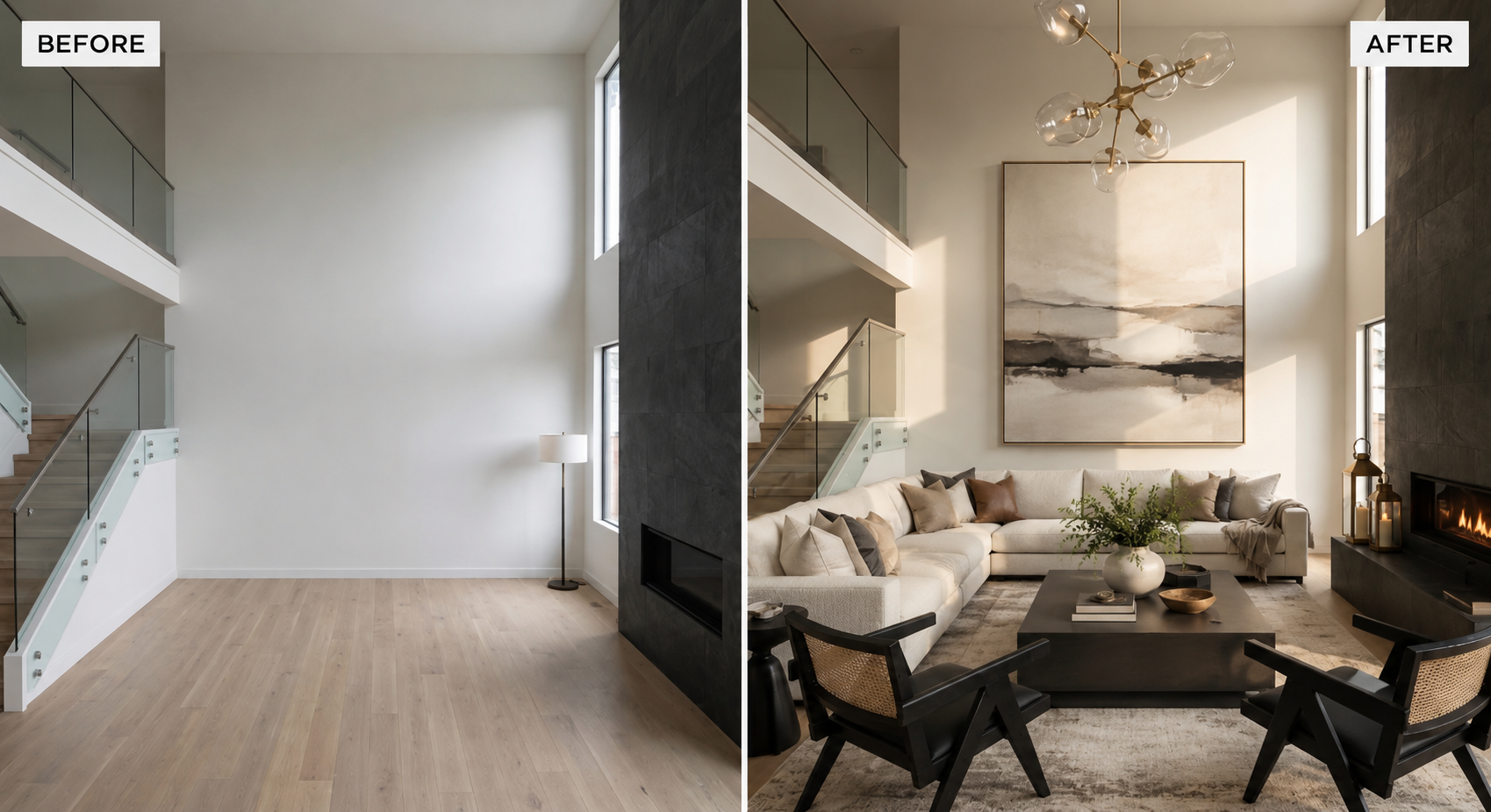 Before and after of a vacant living room professionally staged by Bay Gold