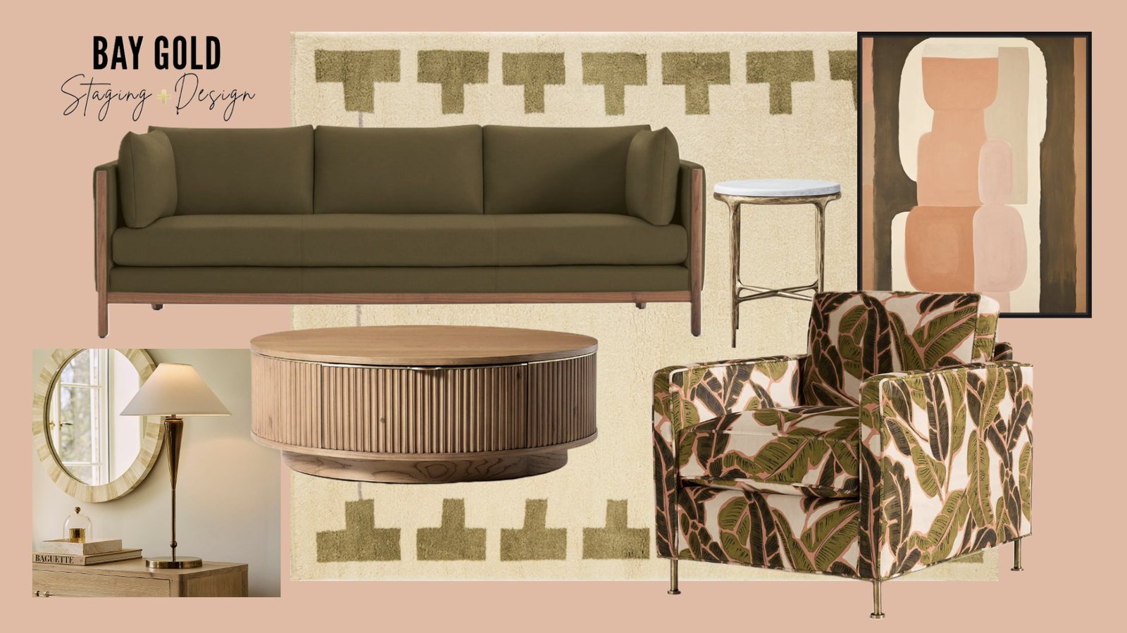 Living Room - Olive & Blush mood board by Bay Gold Design